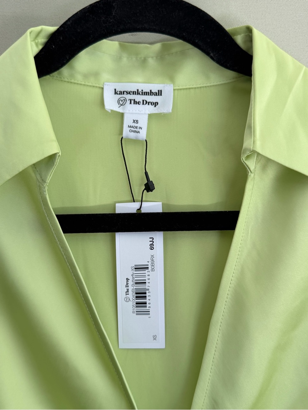 The Drop x Karen Kimball Lime Ruched Tie Front Satin Blouse Women’s XS NWT - Picture 5 of 12